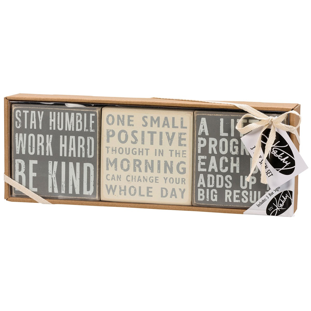 Stay Humble Gray Box Sign Set featuring three mini wooden signs with inspirational quotes, perfect for home decor.