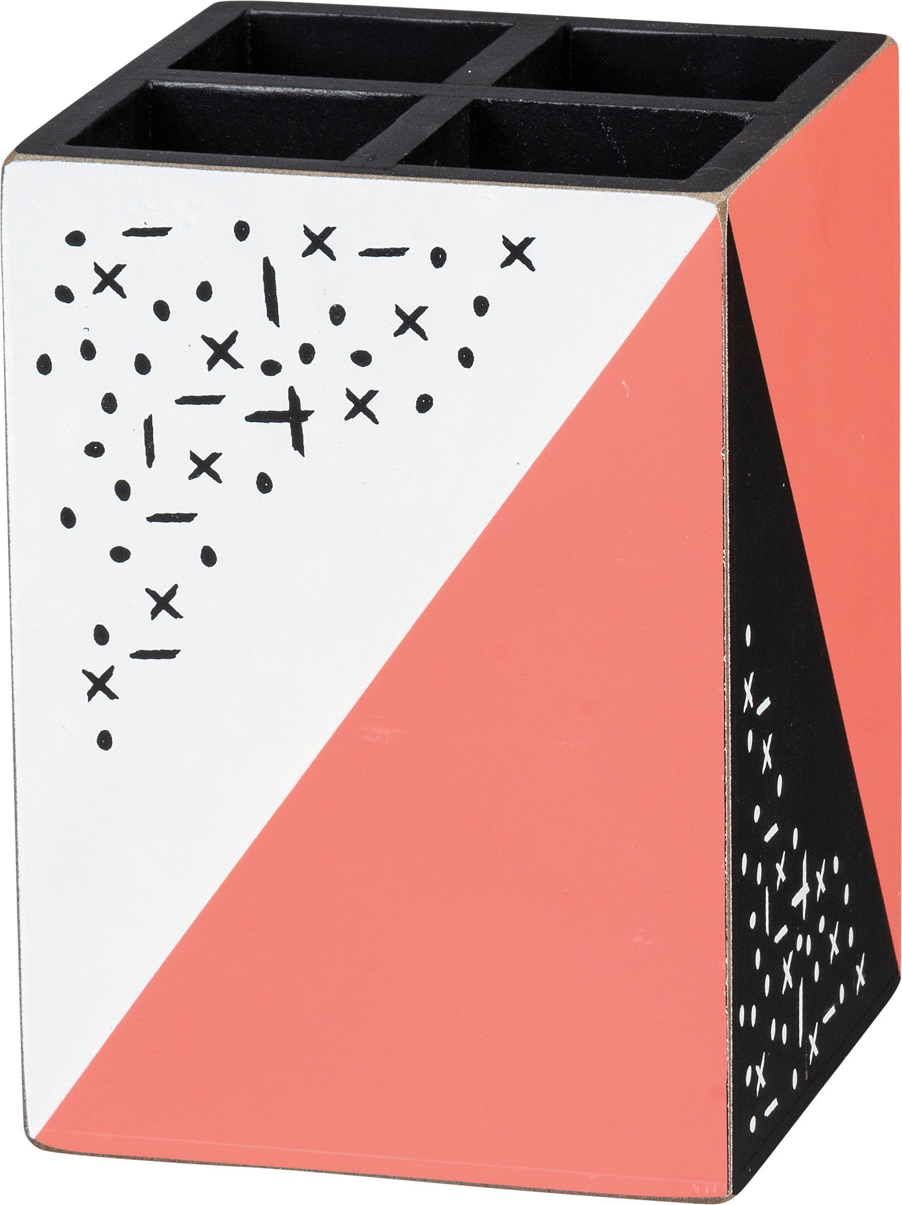 Stay Humble Hustle Hard wood pencil holder with geometric designs and gold foil accents, featuring four compartments for organization.