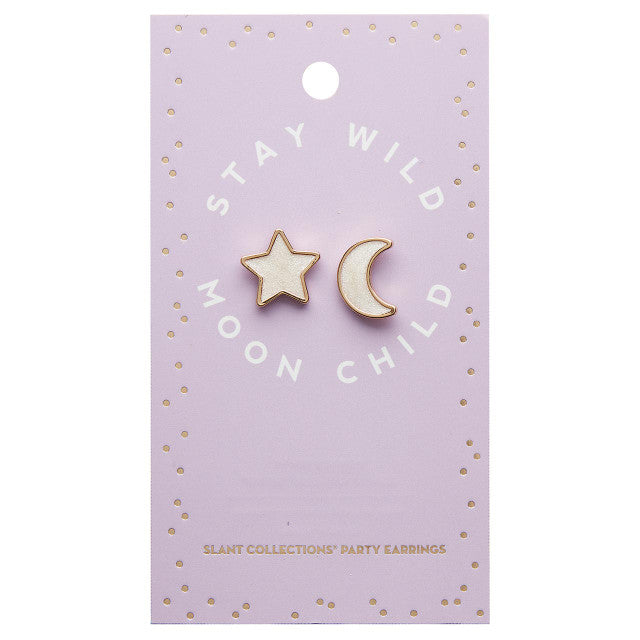 Stay Wild Moon Child Stud Earrings featuring mismatched moon and star designs on a fun backer card.