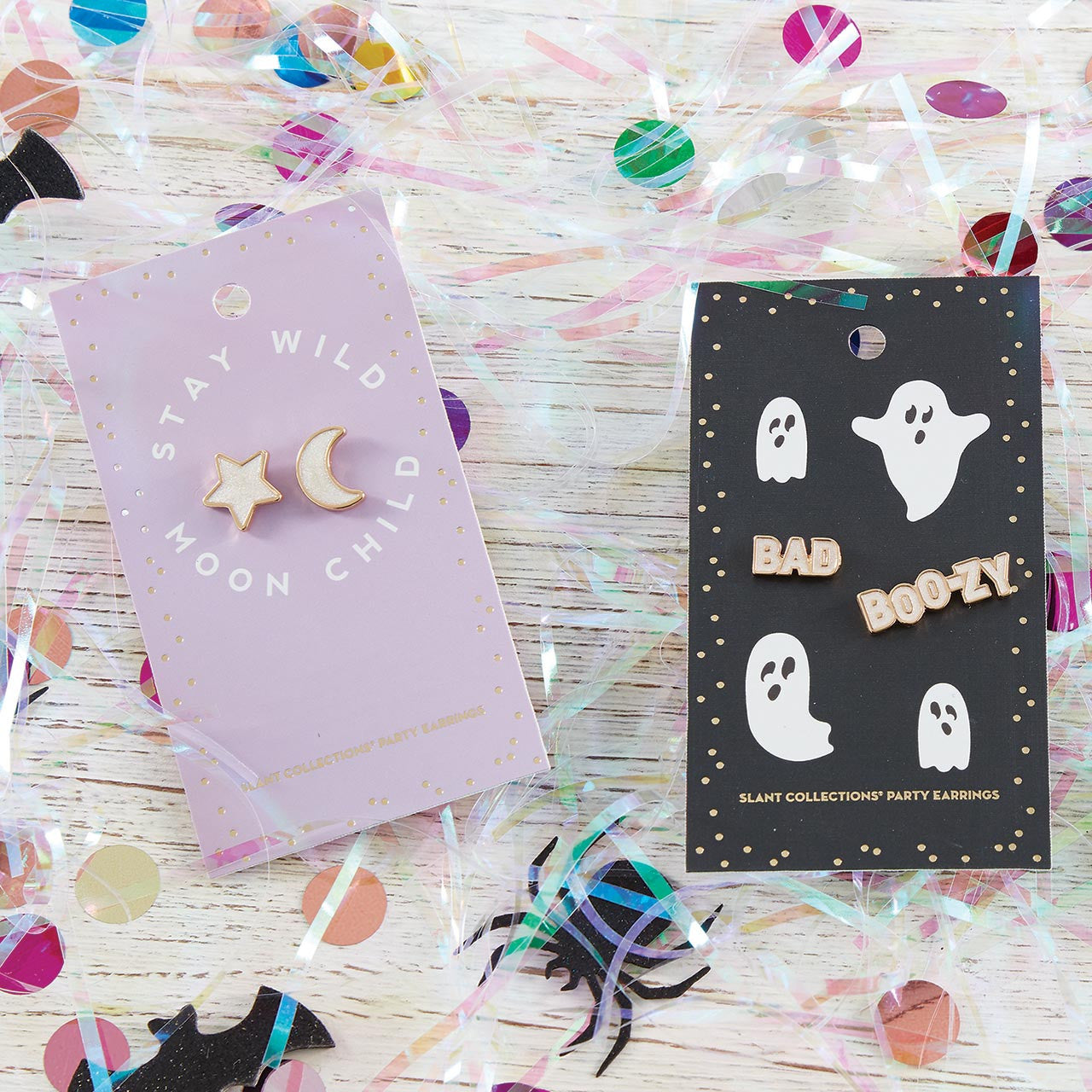 Stay Wild Moon Child Stud Earrings featuring mismatched moon and star designs on a fun backer card.