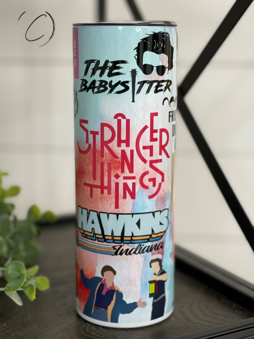 Stranger Things 20oz Skinny Tumbler featuring a vibrant full wrap design, perfect for fans of the series.
