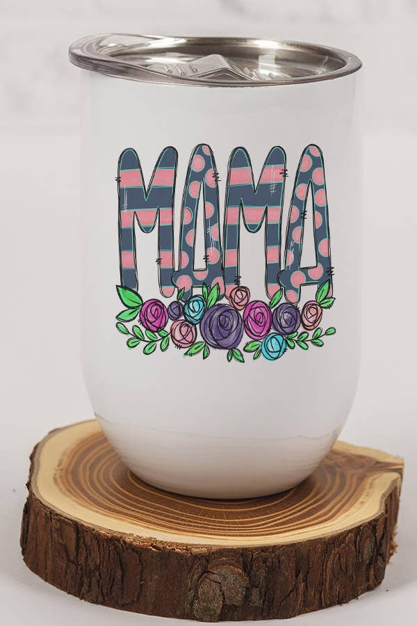 Striped Mama Floral Underneath Wine Cup featuring a vibrant floral design, stainless steel construction, and a lid with a straw.
