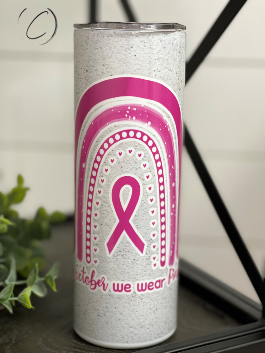 Strong Is The Only Choice 20oz UV Pink Skinny Tumbler with color-changing effect in sunlight, featuring a straw and a durable design.