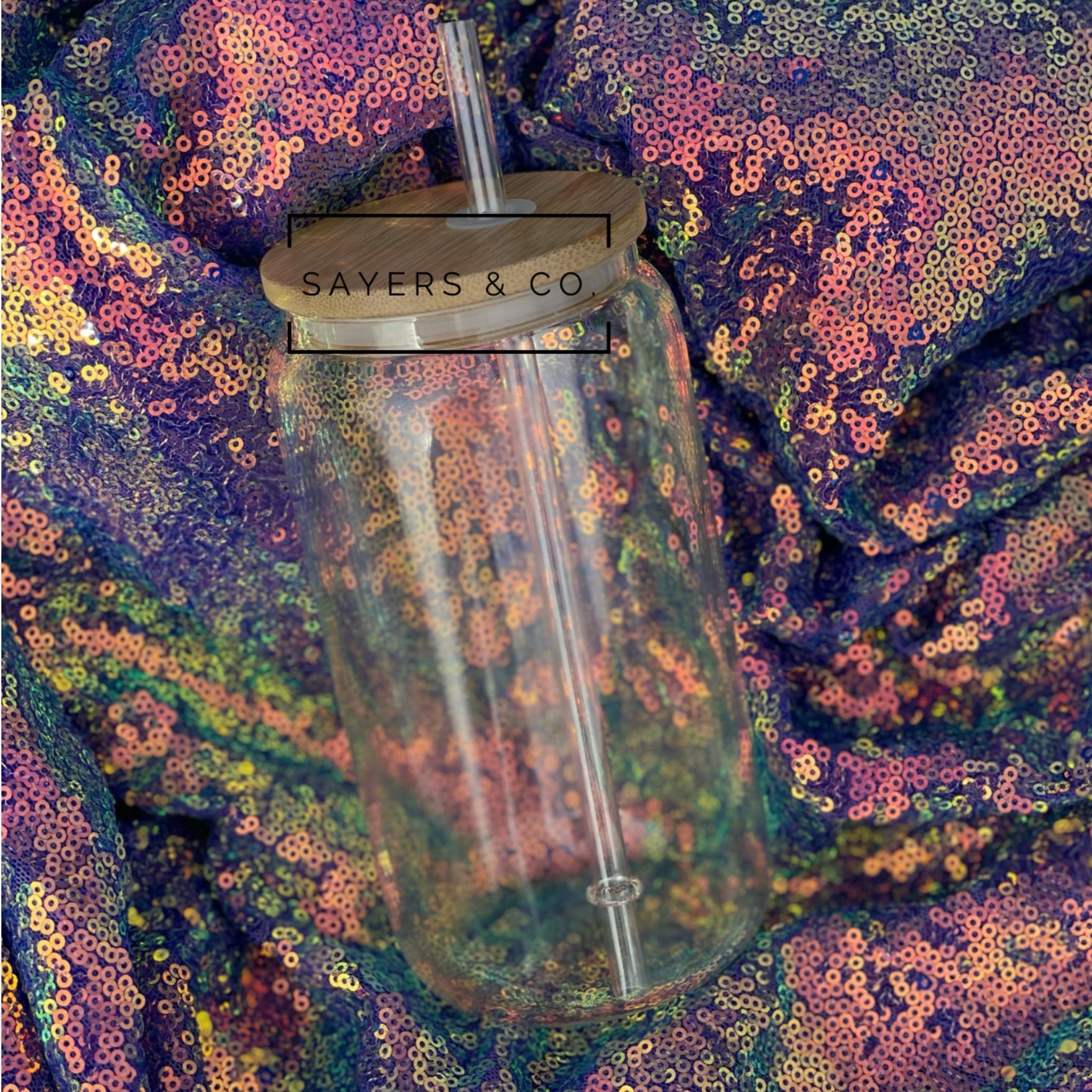 Sublimation Glass Libby tumblers in 16oz and 18oz sizes with reusable straws, displayed in individual white boxes.