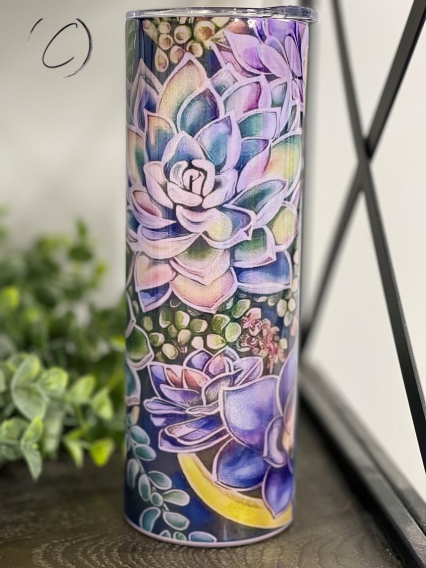 A 20oz Shimmer Skinny Tumbler featuring a vibrant succulent design with a rainbow shimmer effect, perfect for stylish hydration.