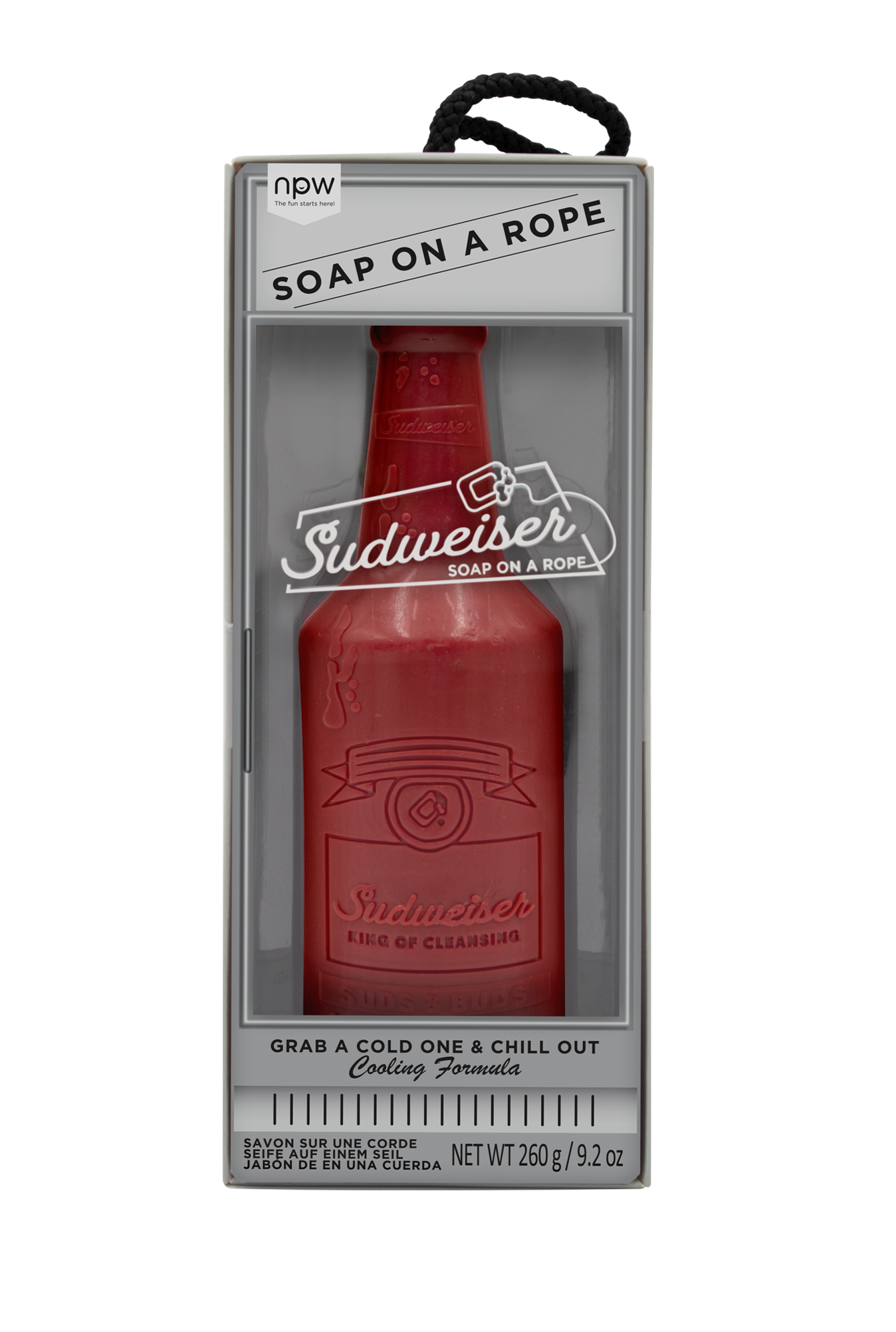 Sudweiser King Of Cleansing Soap On A Rope, featuring a beer-themed design with a convenient hanging rope.