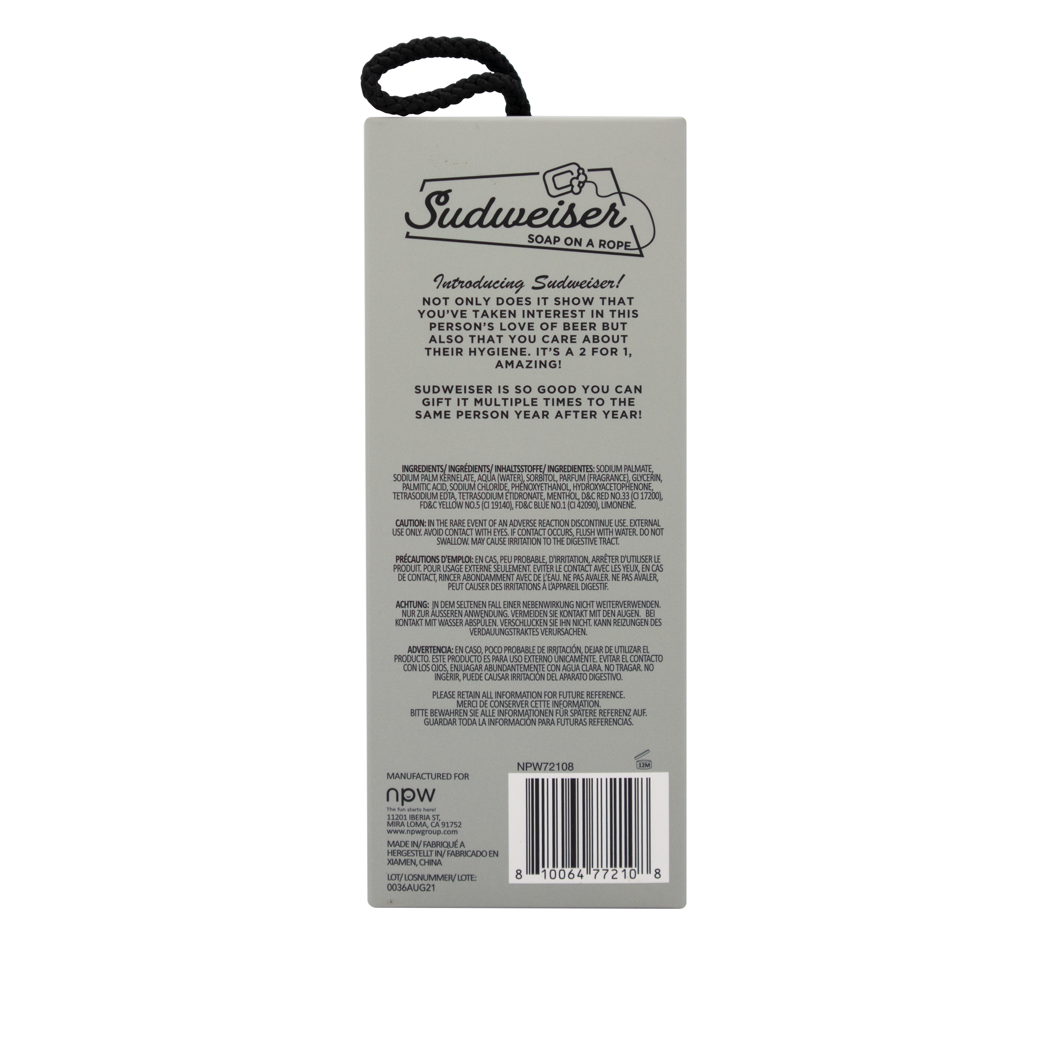 Sudweiser King Of Cleansing Soap On A Rope, featuring a beer-themed design with a convenient hanging rope.