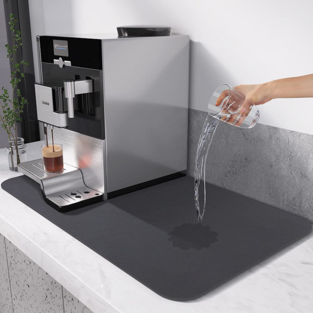 Super Absorbent Drainer Placemat in black and blue colors, designed for kitchen use, showcasing its stain-hiding and absorbent features.