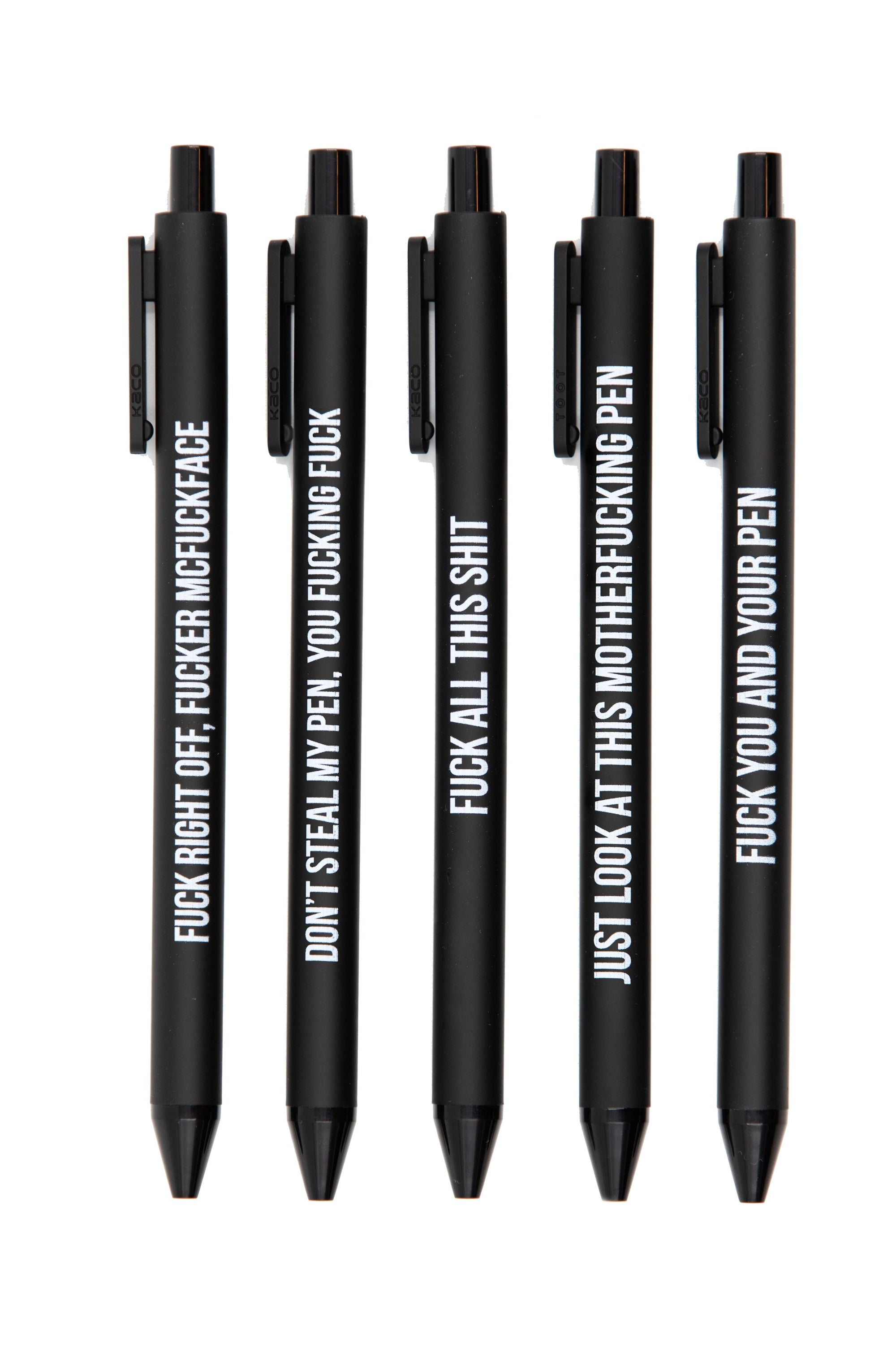 A set of five black gel pens with humorous cursing phrases, featuring a minimalist design and smooth barrels.