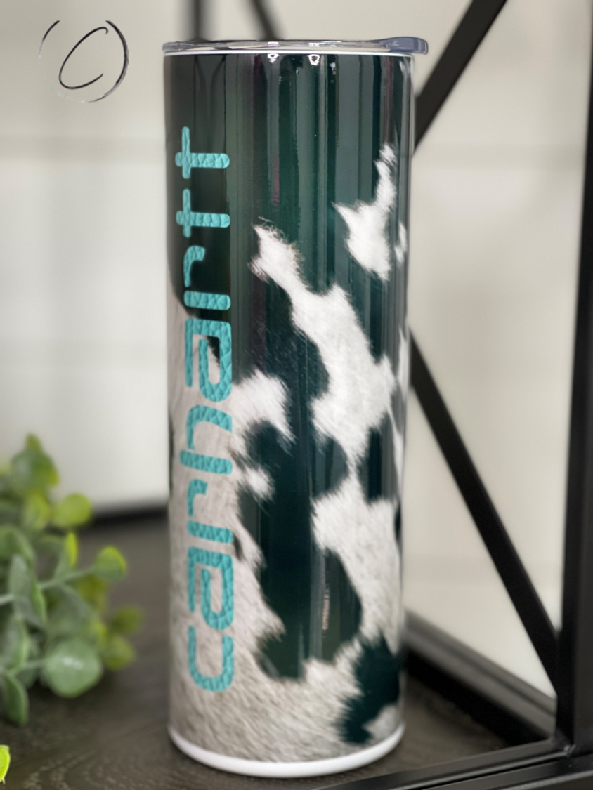 Teal Cowhide Carhartt 20oz Skinny Tumbler with reusable straw, showcasing a unique cowhide pattern.