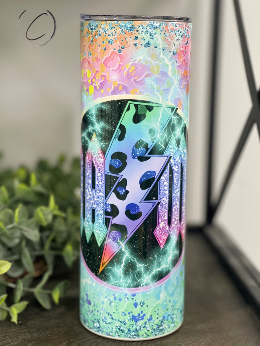 Teal Leopard Mama Rocks 20oz Skinny Tumbler with a vibrant leopard print design, featuring a reusable straw.