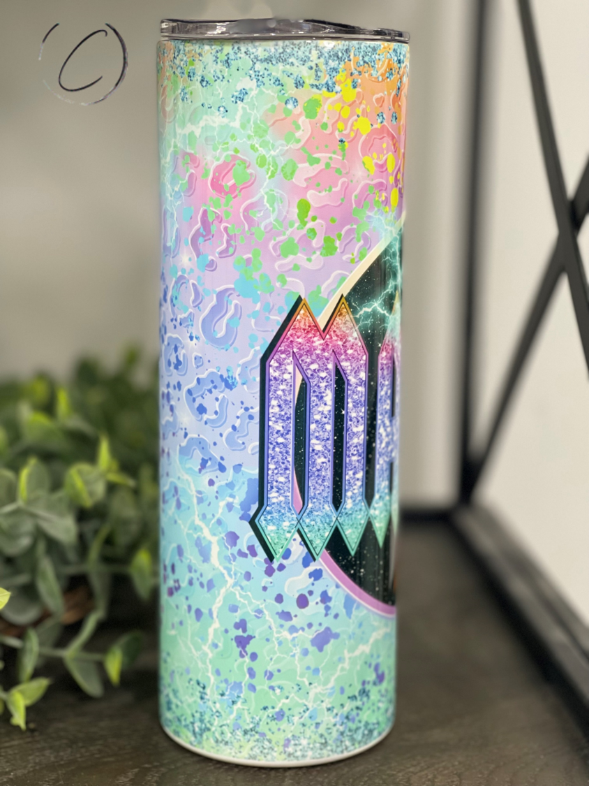 Teal Leopard Mama Rocks 20oz Skinny Tumbler with a vibrant leopard print design, featuring a reusable straw.