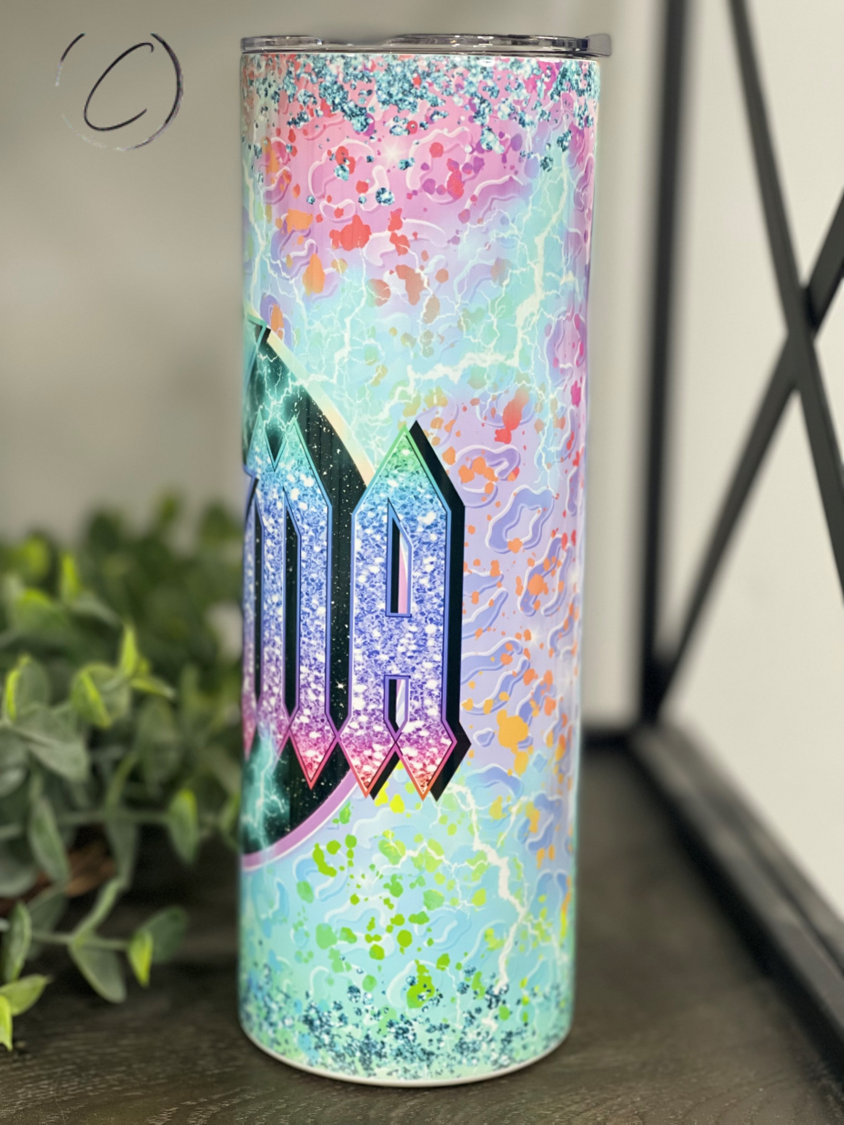 Teal Leopard Mama Rocks 20oz Skinny Tumbler with a vibrant leopard print design, featuring a reusable straw.