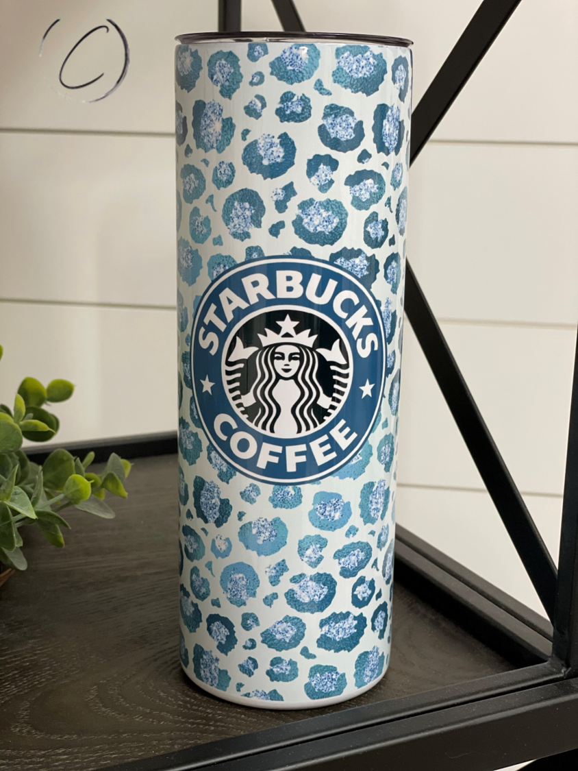 Teal Leopard Starbucks 20oz Skinny Tumbler featuring a vibrant teal leopard print design, perfect for hot and cold beverages.