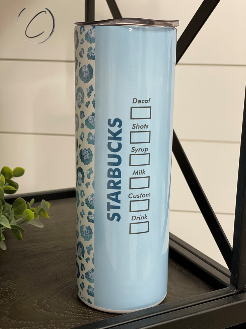 Teal Leopard Starbucks 20oz Skinny Tumbler featuring a vibrant teal leopard print design, perfect for hot and cold beverages.
