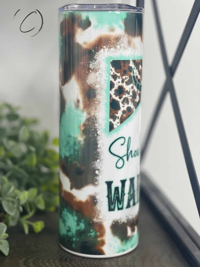 Teal 20oz skinny tumbler with a unique design, featuring a reusable straw and a durable construction for hot and cold beverages.