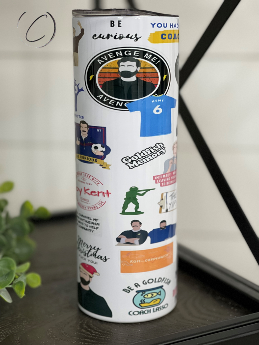 Ted Lasso 20oz Skinny Tumbler featuring a vibrant design, reusable straw, and insulated body for hot and cold beverages.