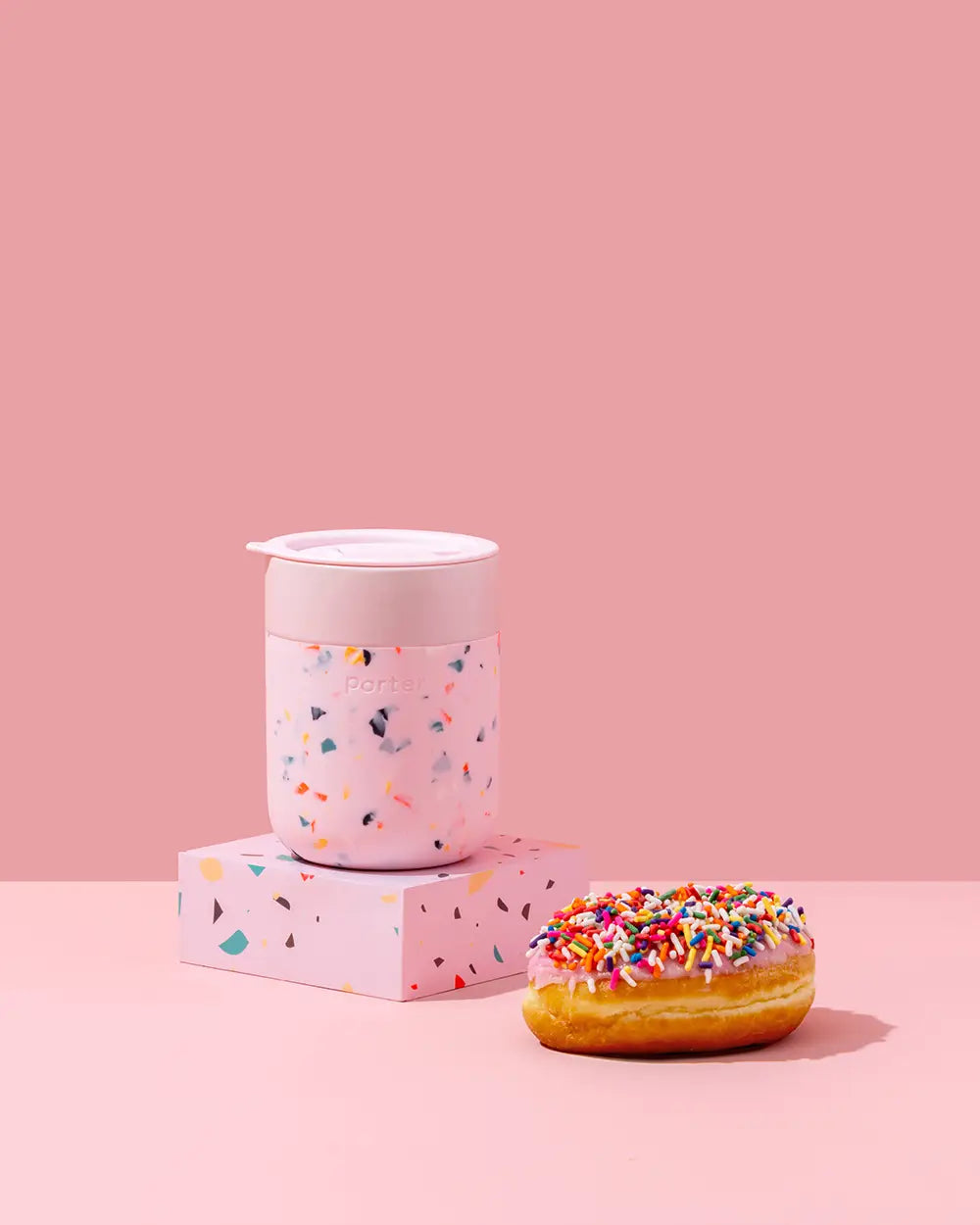Terrazzo Porter 12 oz Mug in Blush, made from food-safe silicone, featuring a colorful terrazzo design.