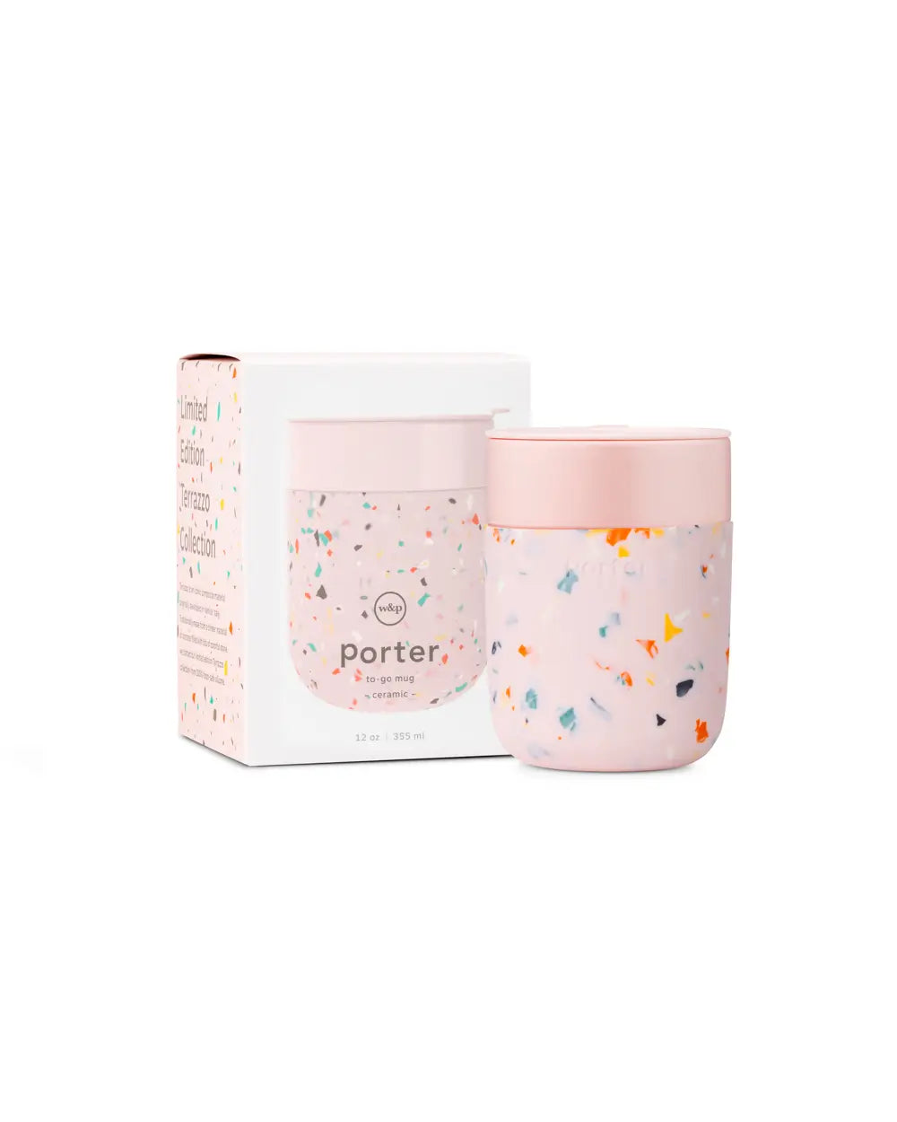Terrazzo Porter 12 oz Mug in Blush, made from food-safe silicone, featuring a colorful terrazzo design.