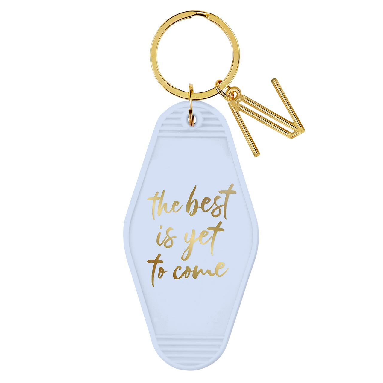 The Best Is Yet To Come Motel Key Tag featuring a vintage design with gold lettering on a light blue background and gold hardware.