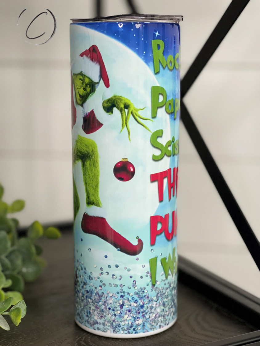 The Grinch Throat Punch 20oz Skinny Tumbler featuring a vibrant Grinch design, perfect for festive drinks.