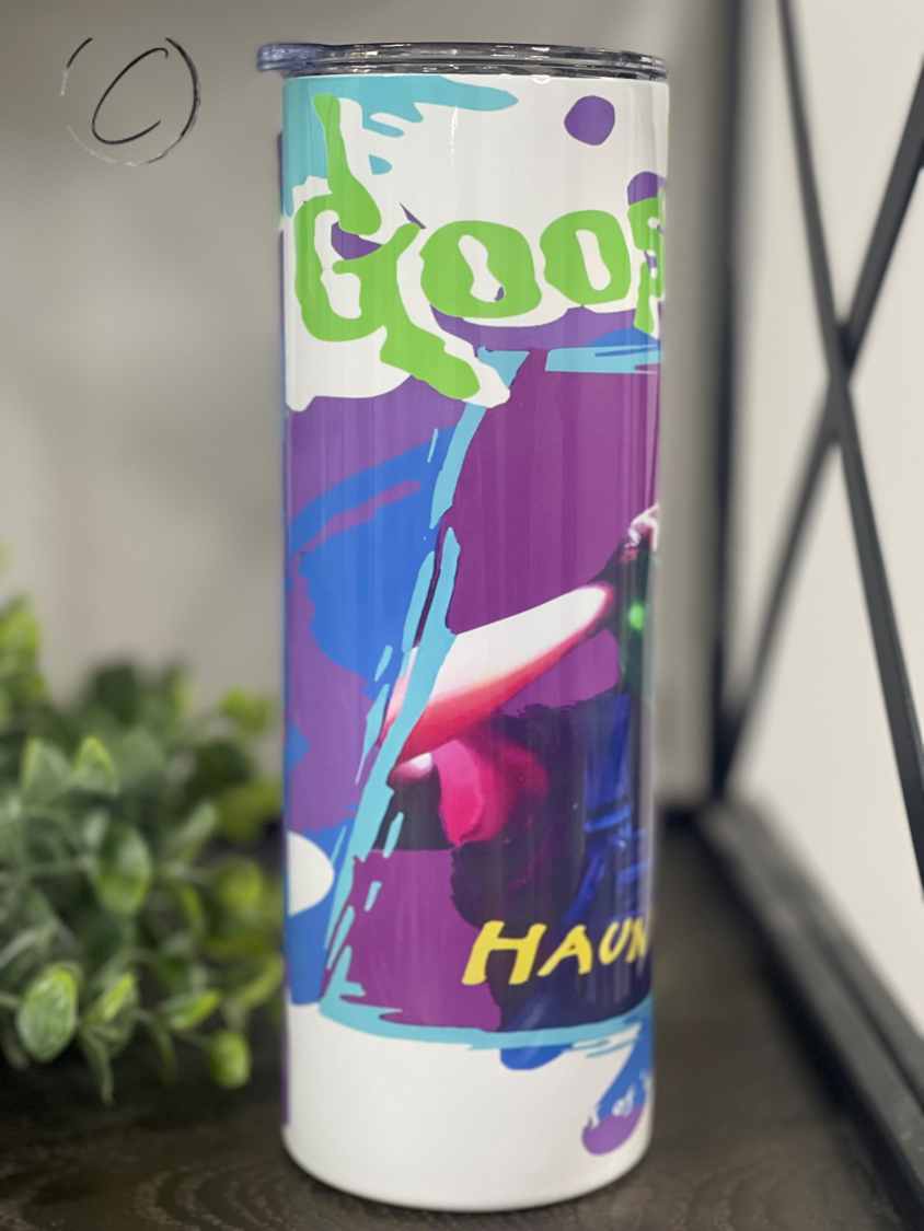 The Haunted Mask 20oz Skinny Tumbler featuring a spooky design, perfect for Halloween lovers.