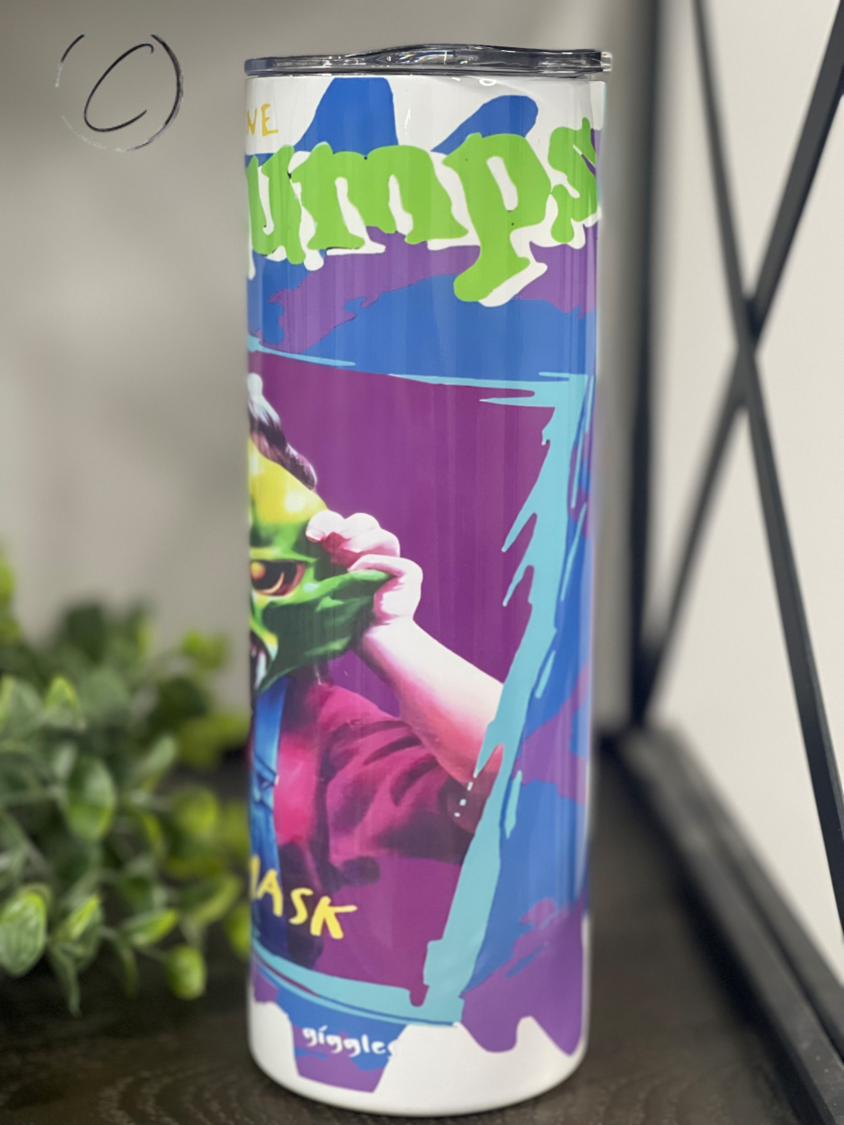 The Haunted Mask 20oz Skinny Tumbler featuring a spooky design, perfect for Halloween lovers.