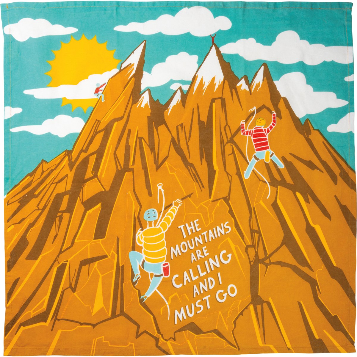 A colorful cotton dish towel featuring mountain designs and the phrase 'The Mountains Are Calling And I Must Go'.
