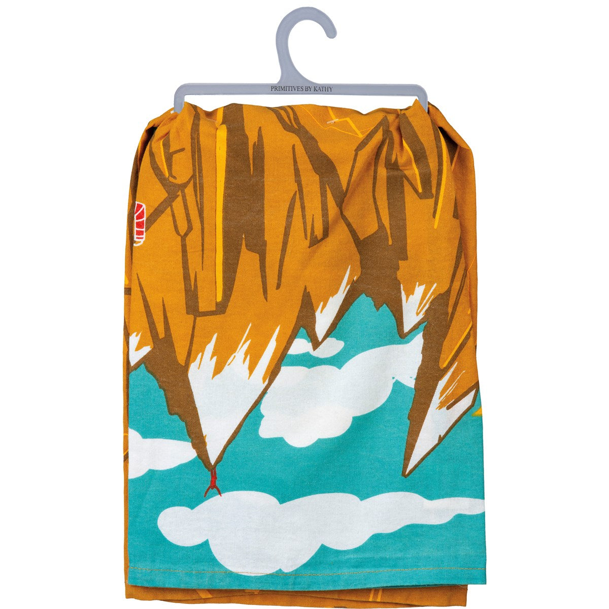 A colorful cotton dish towel featuring mountain designs and the phrase 'The Mountains Are Calling And I Must Go'.