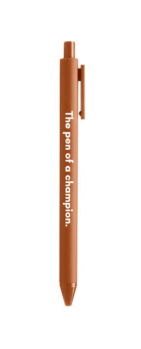 The Pen Of A Champion gel click pen in caramel color with a smooth matte barrel, ideal for gifting and stylish writing.