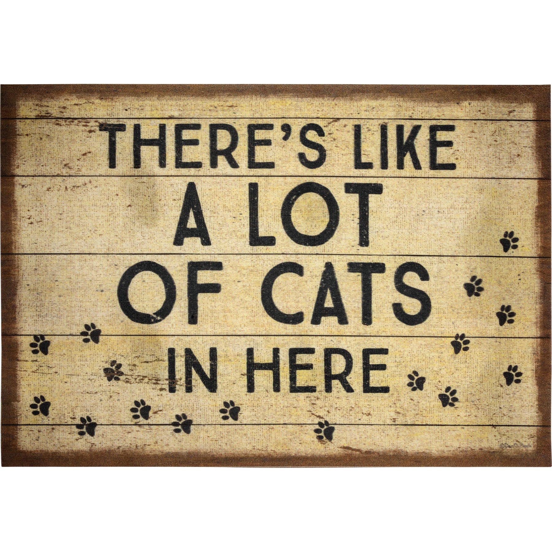 A charming indoor/outdoor rug featuring a paw print design and the phrase 'There's Like A Lot Of Cats In Here', perfect for cat lovers.