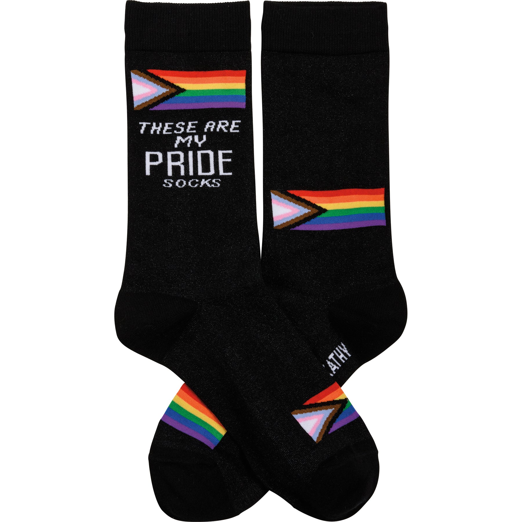Colorful socks featuring a woven rainbow Pride flag design with the text 'These Are My Pride Socks'.