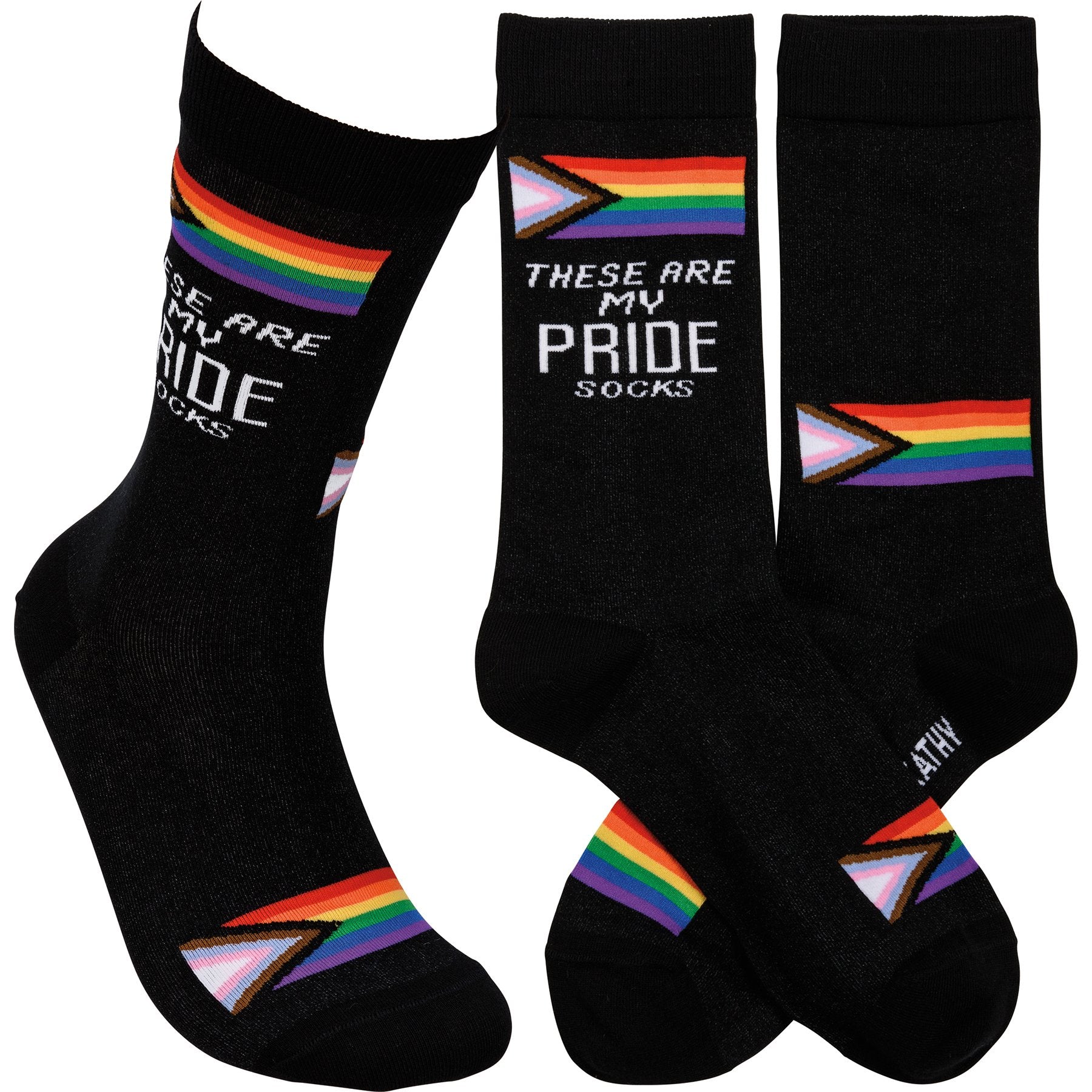 Colorful socks featuring a woven rainbow Pride flag design with the text 'These Are My Pride Socks'.
