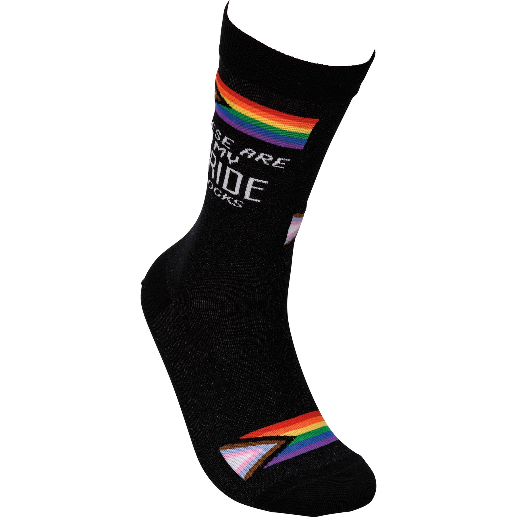 Colorful socks featuring a woven rainbow Pride flag design with the text 'These Are My Pride Socks'.