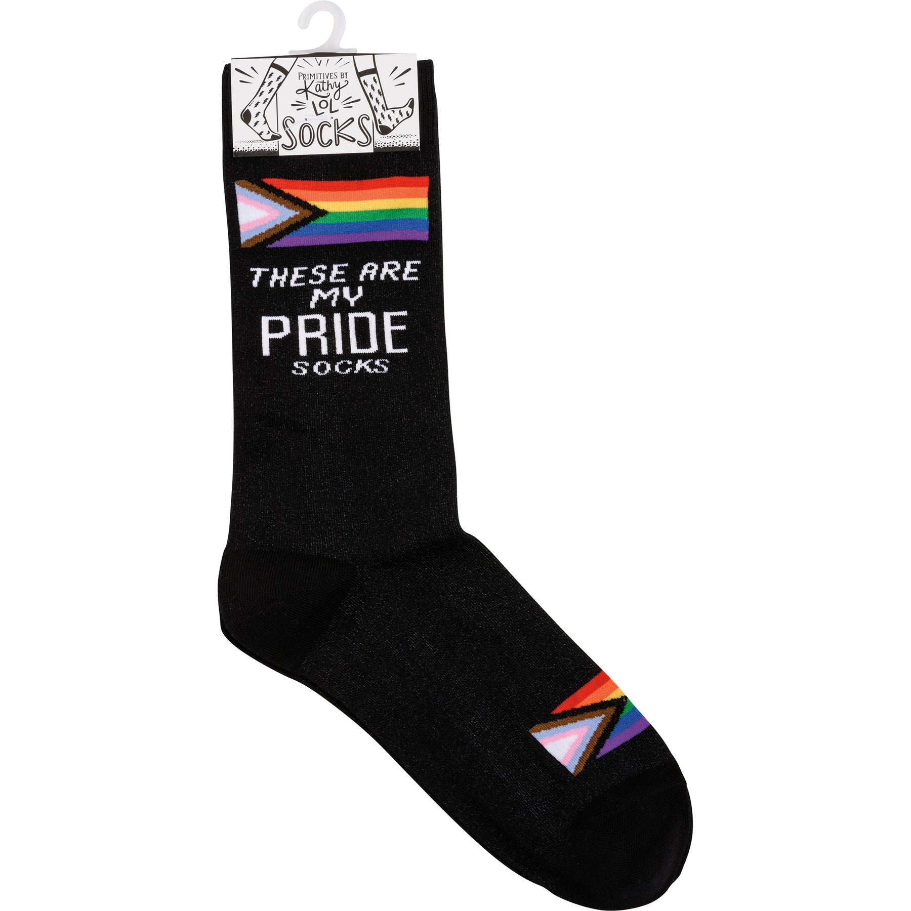 Colorful socks featuring a woven rainbow Pride flag design with the text 'These Are My Pride Socks'.