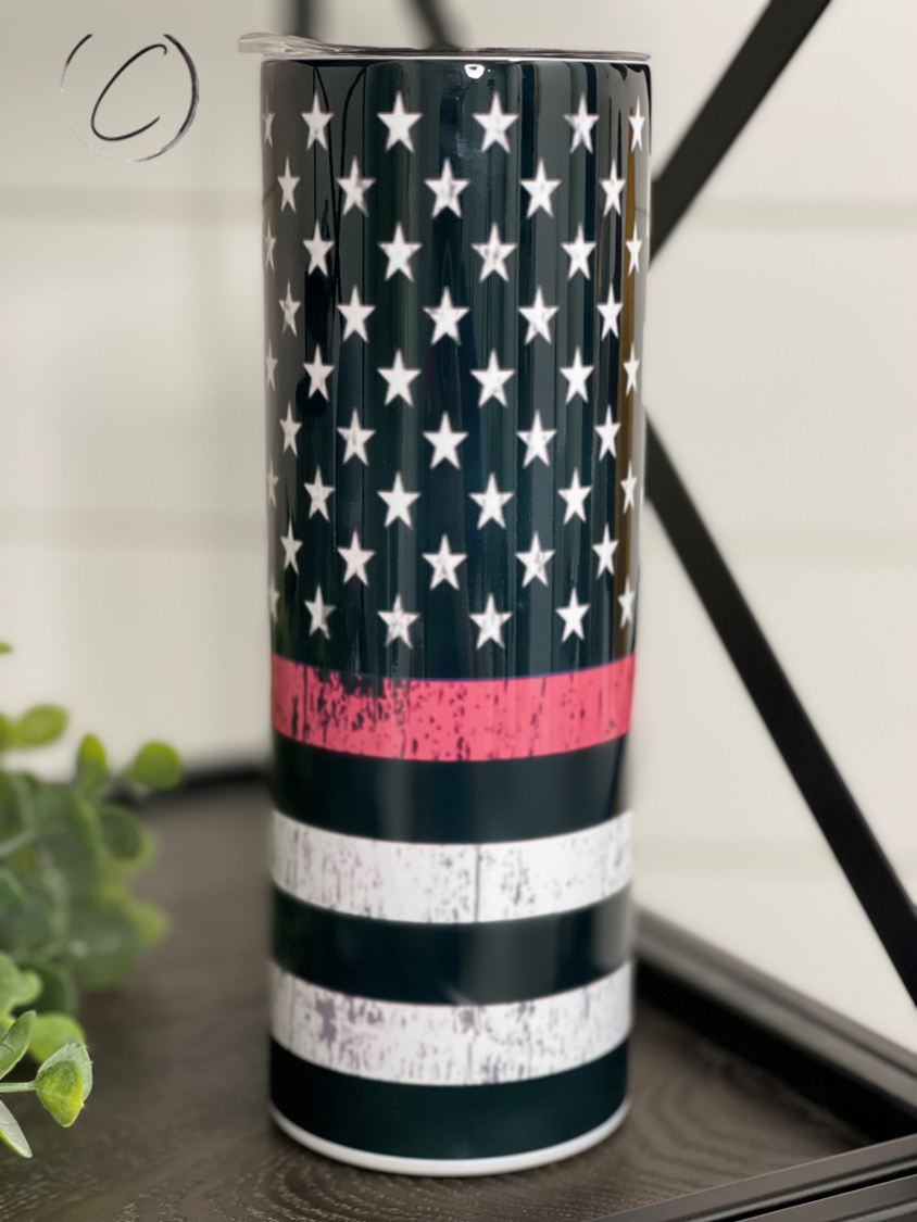 Thin Red Line 20oz Skinny Tumbler with integrated design, reusable straw, and sleek finish.