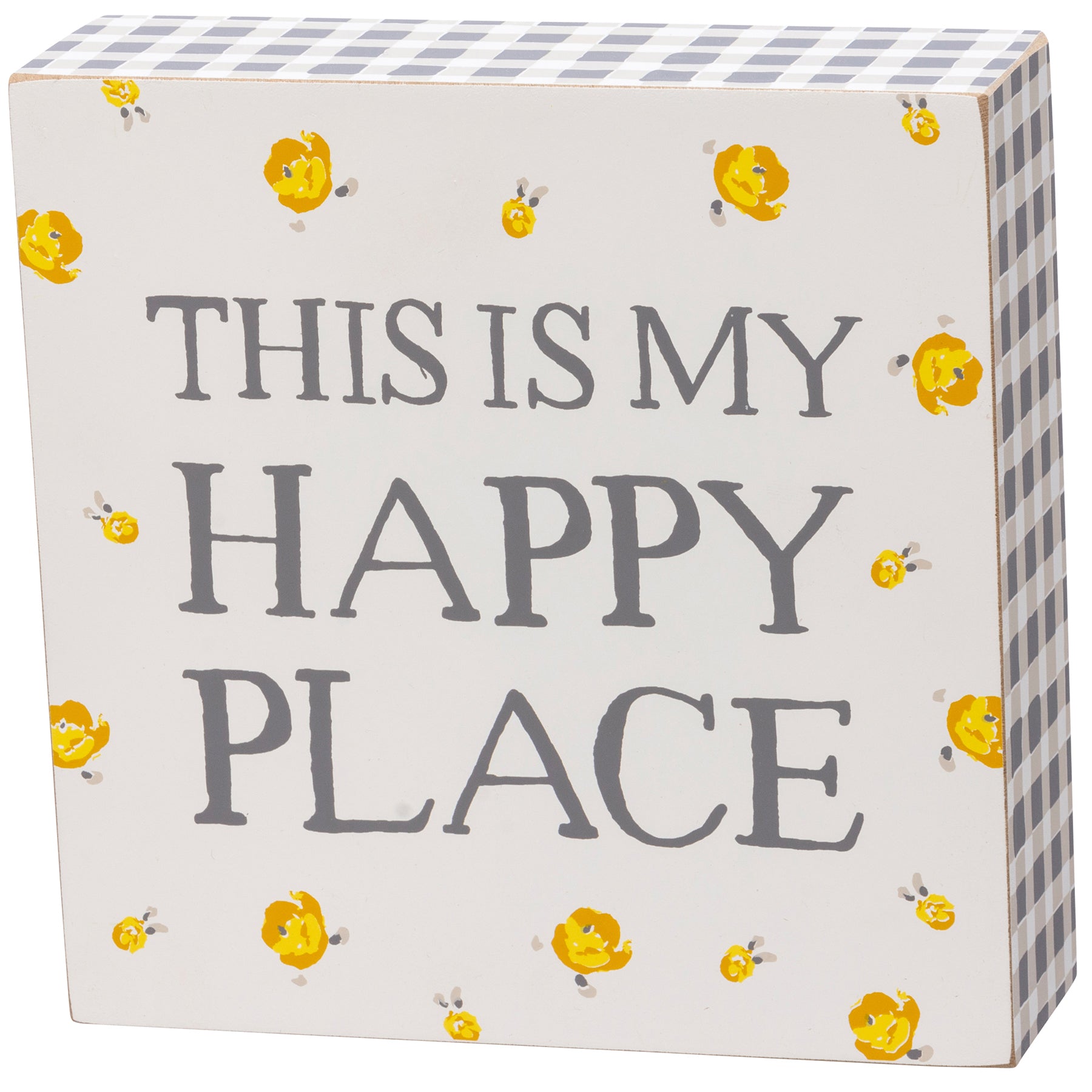 A wooden box sign featuring a watercolor design with the phrase 'This Is My Happy Place', ideal for home decor.