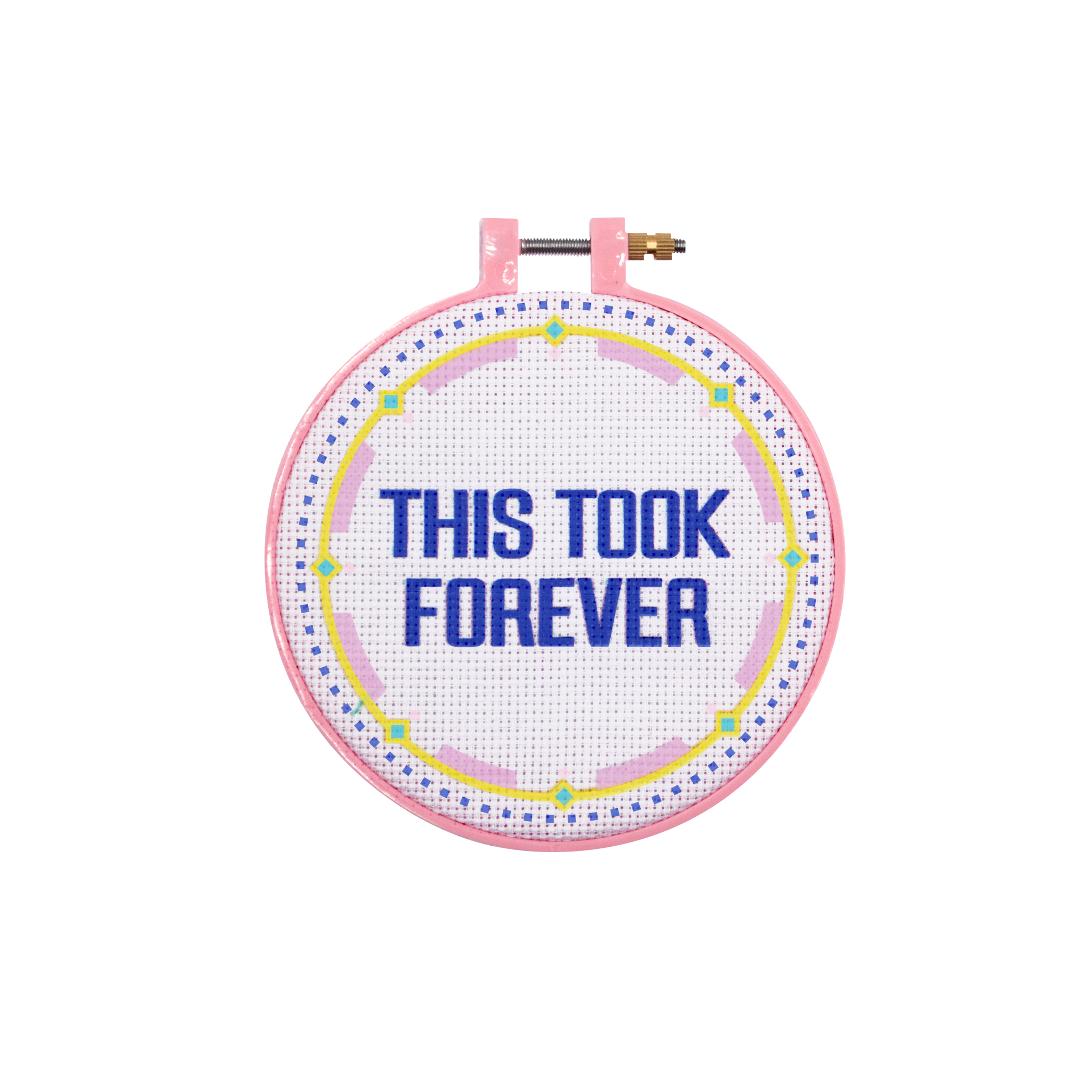 This Took Forever Sarcastic Cross Stitch Kit featuring a humorous design, complete with hoop, needle, and colorful threads.