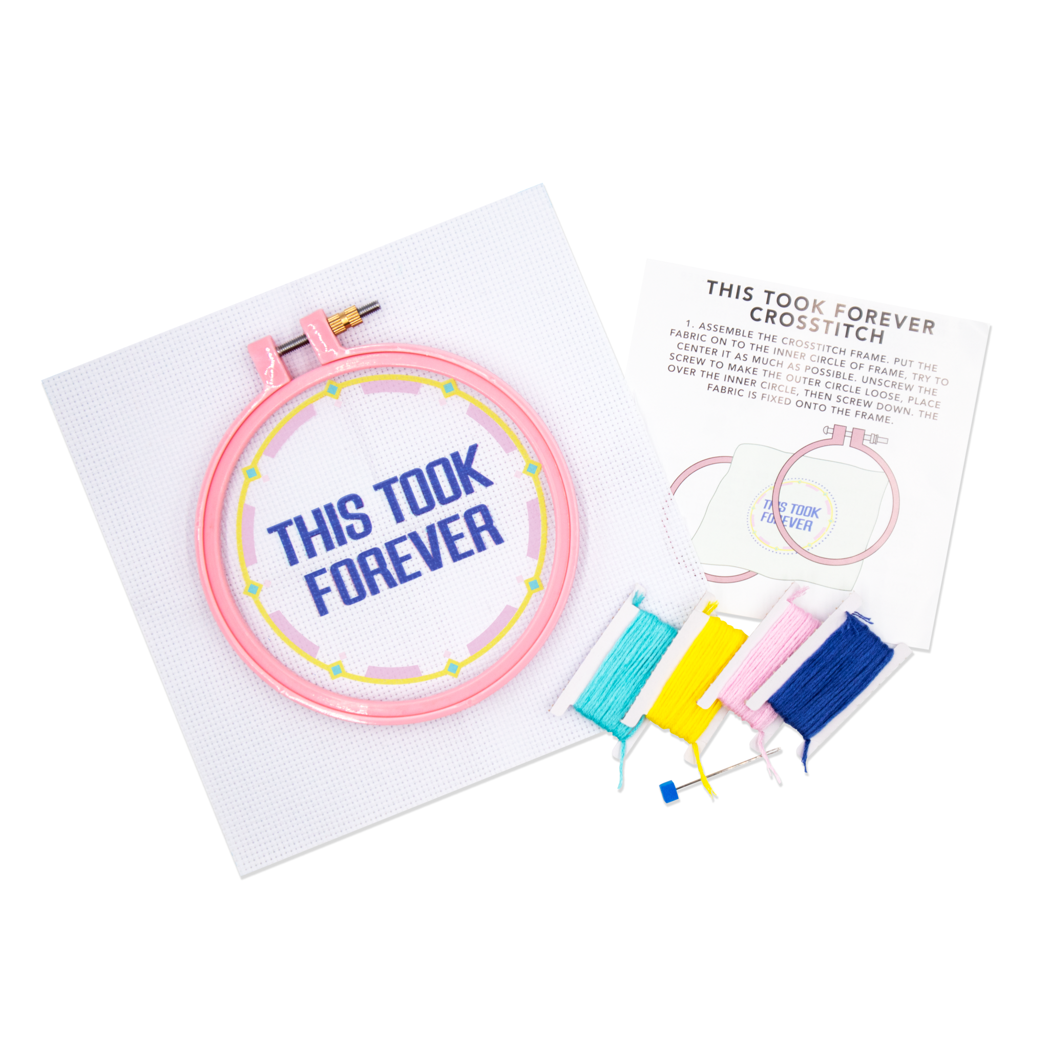 This Took Forever Sarcastic Cross Stitch Kit featuring a humorous design, complete with hoop, needle, and colorful threads.
