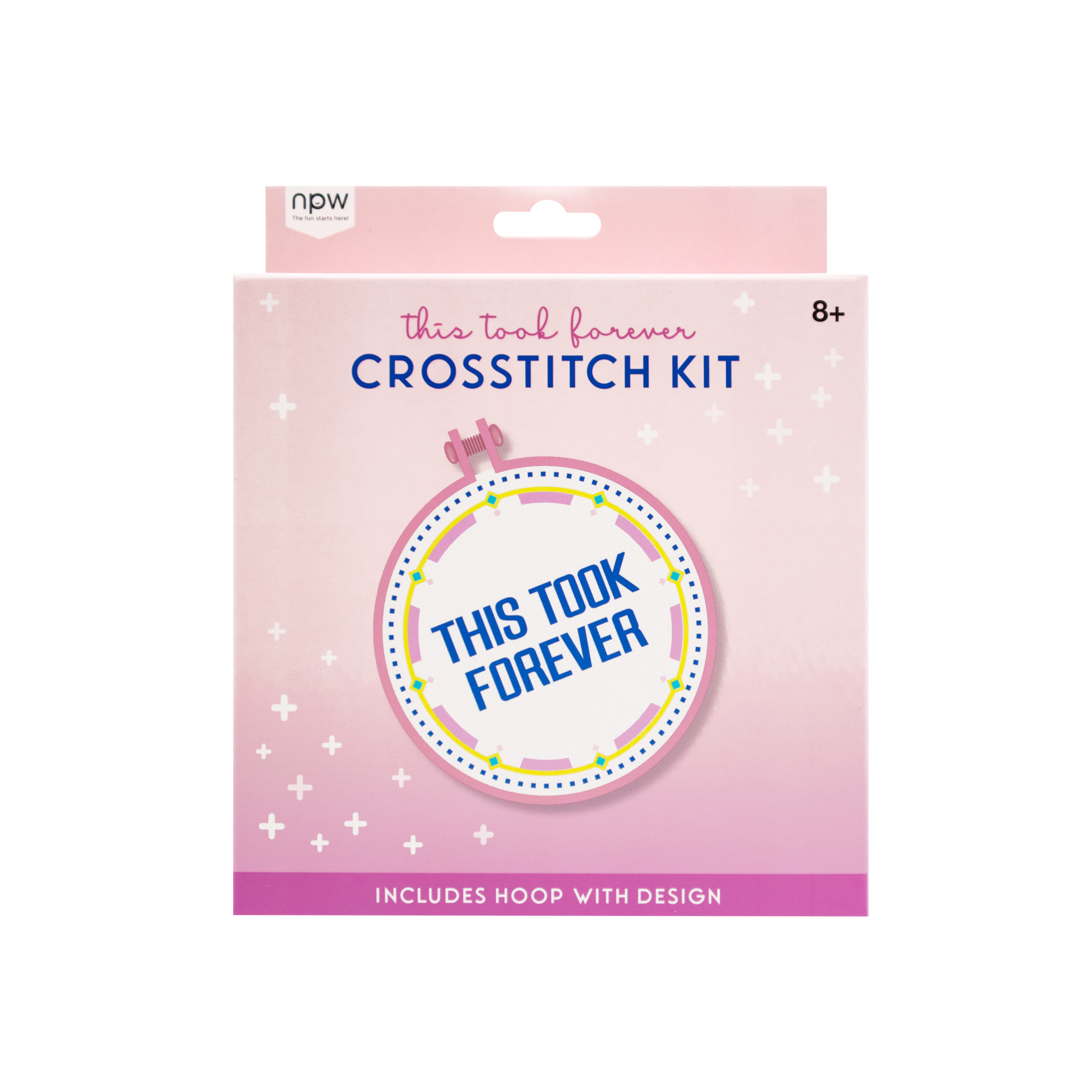 This Took Forever Sarcastic Cross Stitch Kit featuring a humorous design, complete with hoop, needle, and colorful threads.