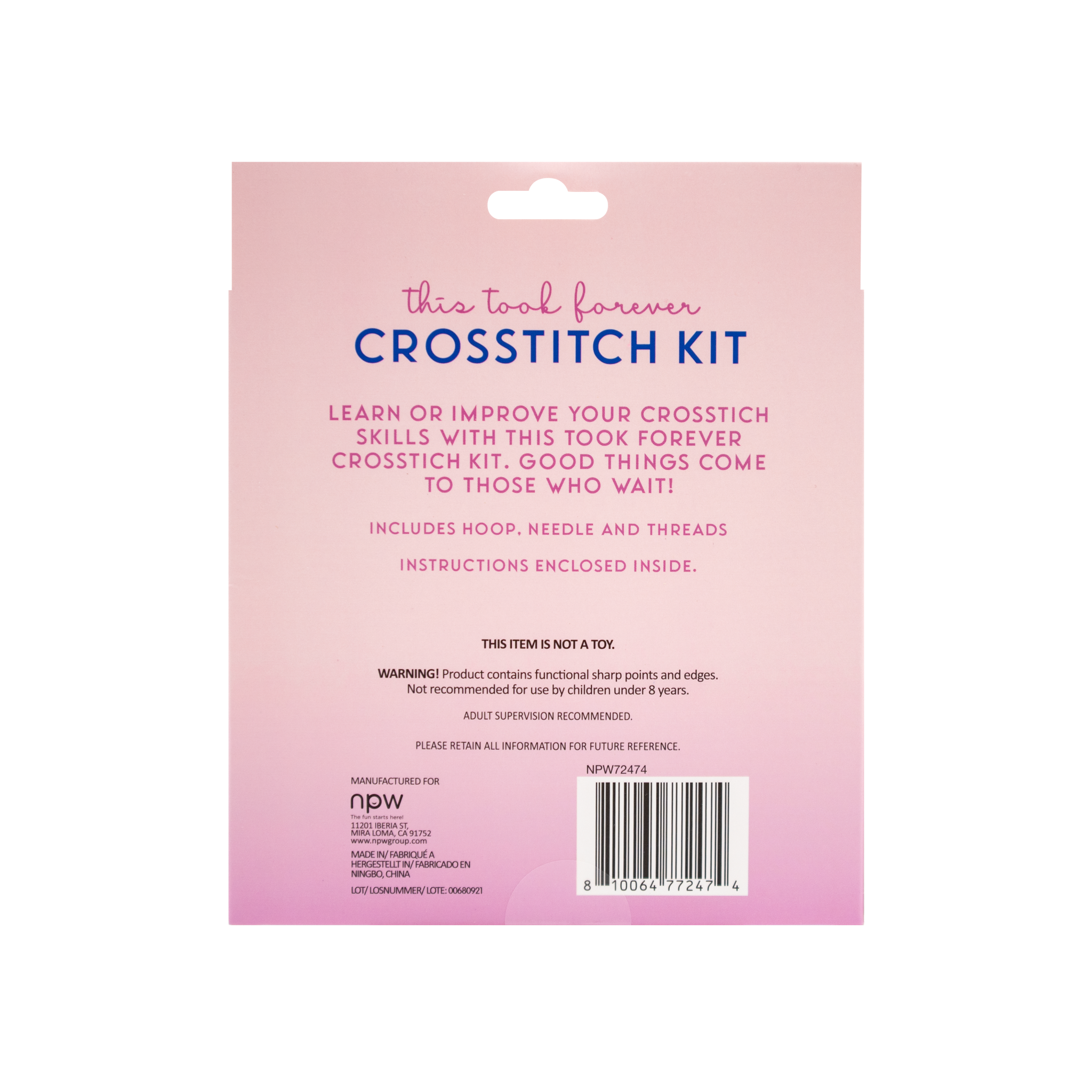 This Took Forever Sarcastic Cross Stitch Kit featuring a humorous design, complete with hoop, needle, and colorful threads.