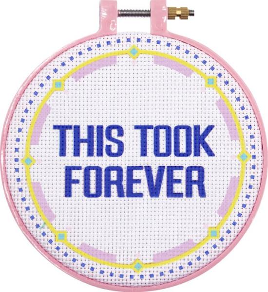 This Took Forever Sarcastic Cross Stitch Kit featuring a humorous design, complete with hoop, needle, and colorful threads.