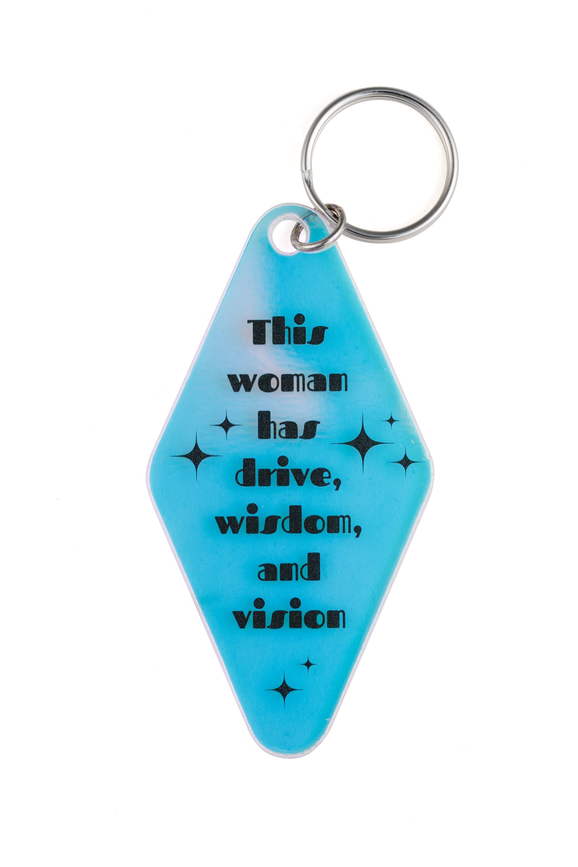 Iridescent blue and purple keychain with black text reading 'THIS WOMAN HAS DRIVE, WISDOM, AND VISION' surrounded by stars.