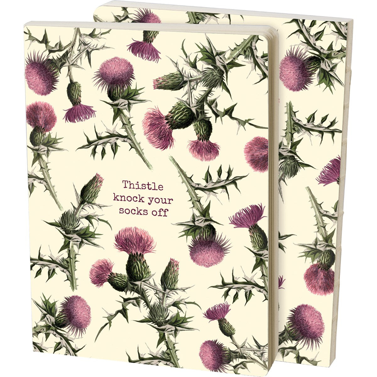 Thistle Knock Your Socks Off Double-Sided Journal with purple thistle design and lined pages, showcasing front and back cover.