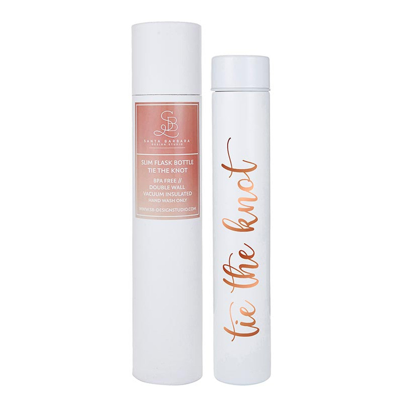 Elegant white insulated stainless steel flask bottle designed for weddings, featuring a slim profile and 8 oz capacity.