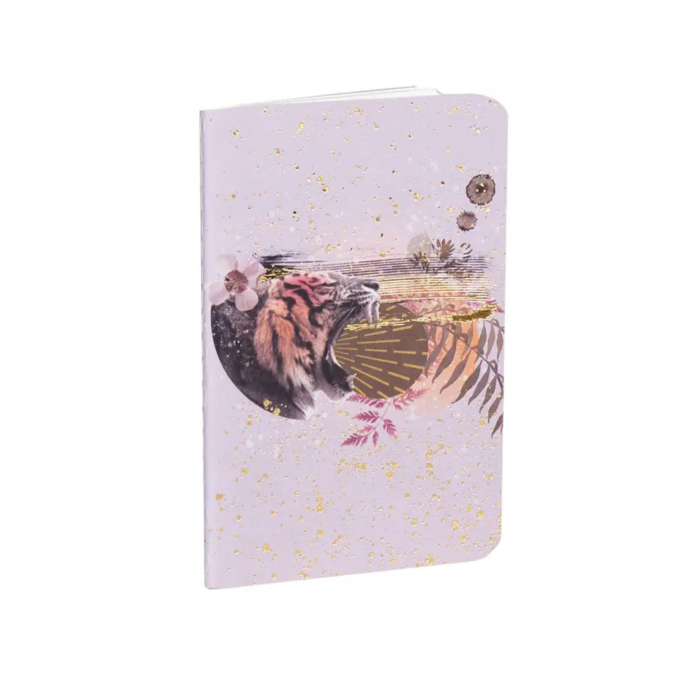 Tiger Roar Mini Book featuring a boho design with gold foil embellishments, saddle-stitched binding, and lined pages.