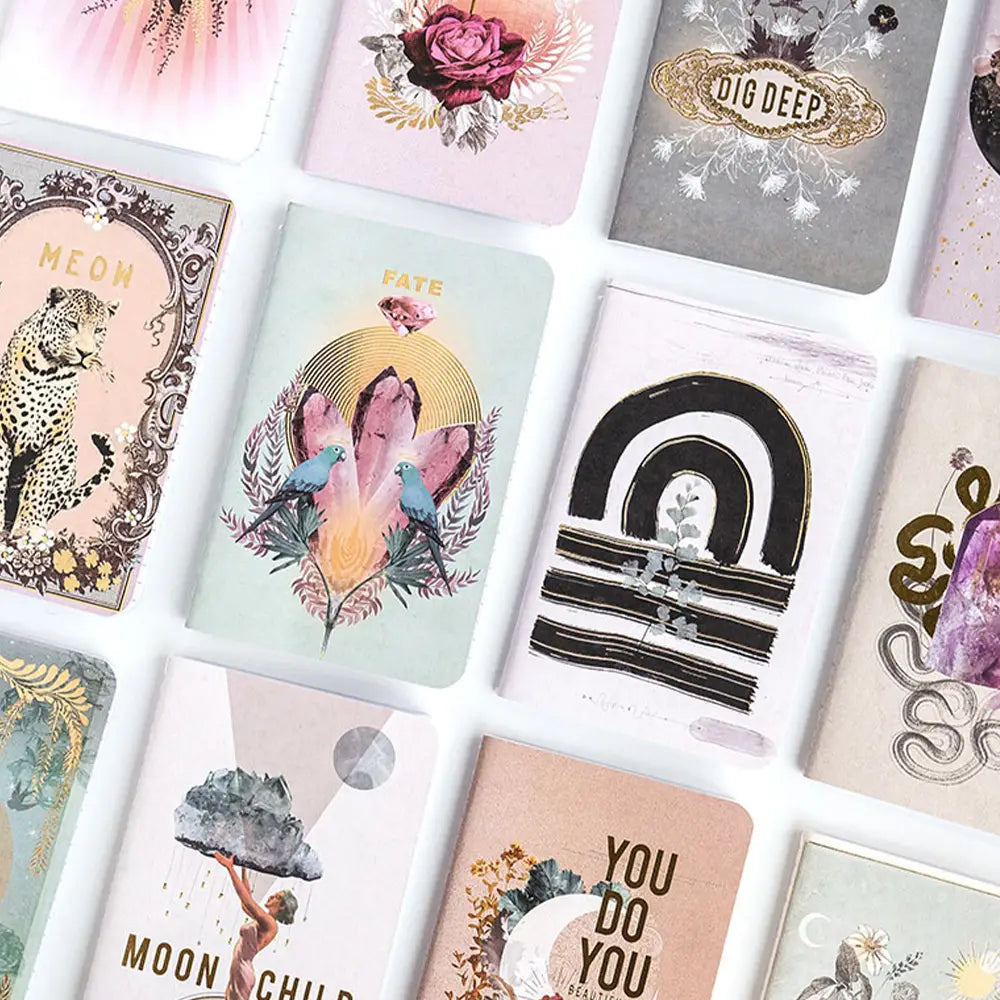 Tiger Roar Mini Book featuring a boho design with gold foil embellishments, saddle-stitched binding, and lined pages.