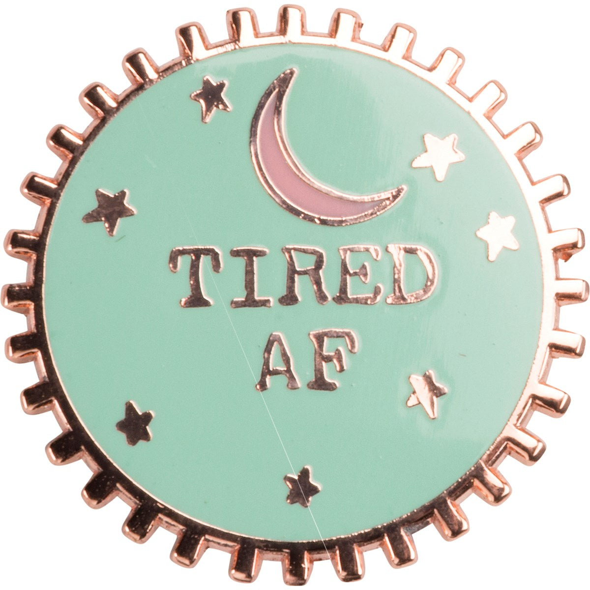 A circular Tired AF enamel pin featuring a moon design with spiked trim, displayed on a vintage photograph gift card.