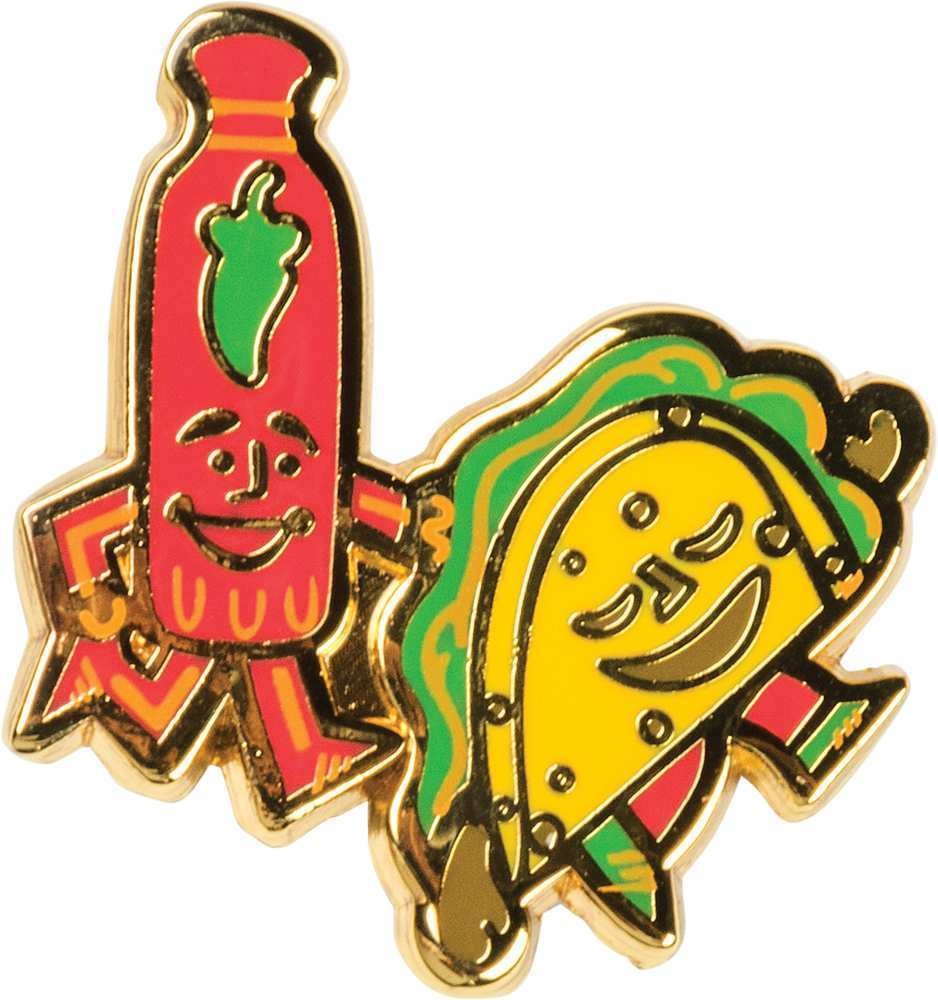 Together Like Tacos & Hot Sauce Enamel Pin featuring a taco and hot sauce bottle design, secured with a butterfly clip closure.