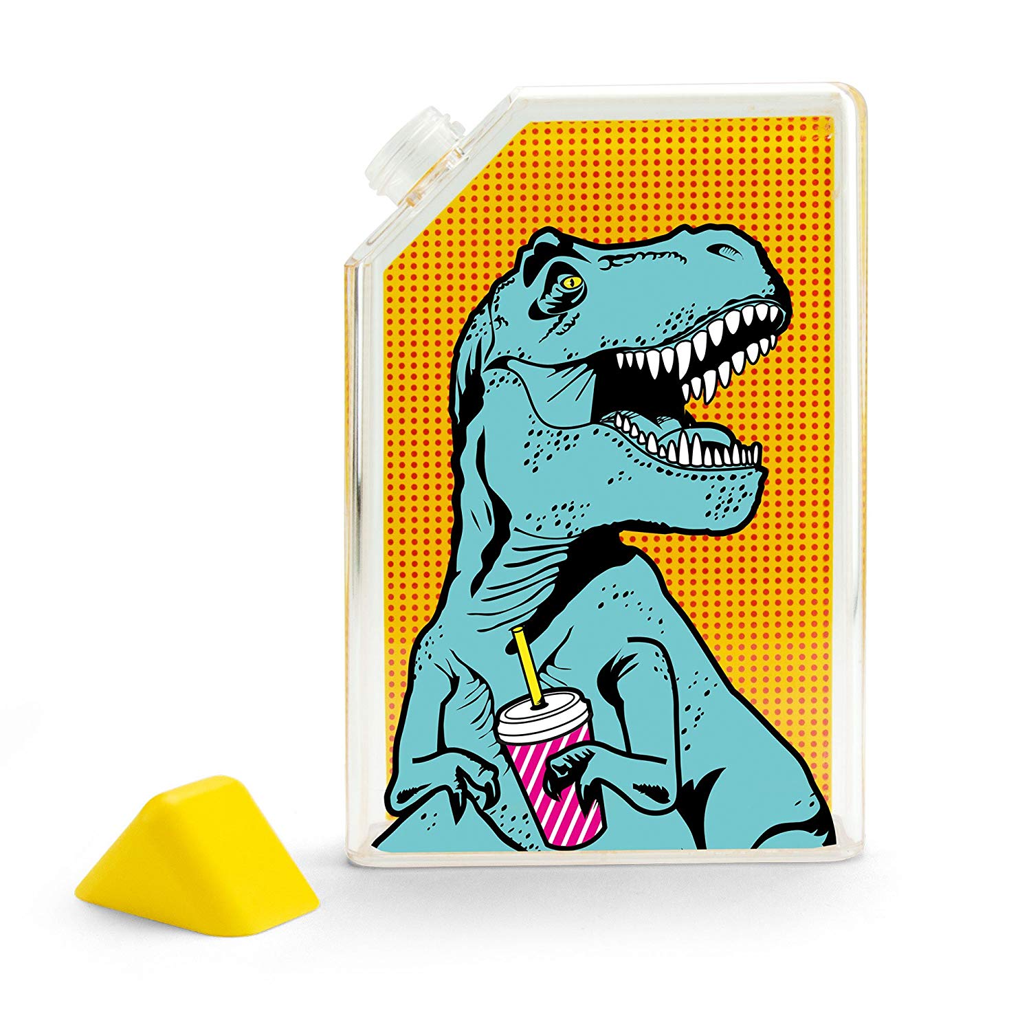T-Rex Flask Style Pop Art Water Bottle with a vibrant T-Rex design, featuring a flat rectangular profile for easy carrying.